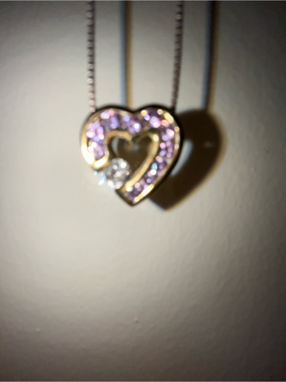 Heart Gold Tone Pendant Necklace with Lavender Stones - Silver Tone Chain